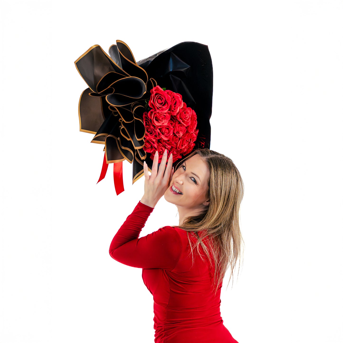 Classic 12 red roses bouquet in Toronto with elegant wrap and ribbon