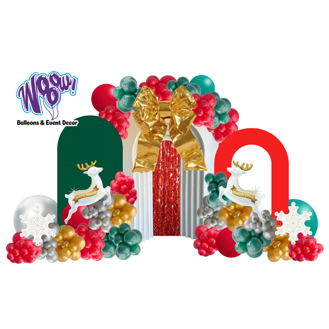 Christmas Balloon Decoration featuring red, green, gold, and silver balloons with a large gold bow and festive reindeer accents.