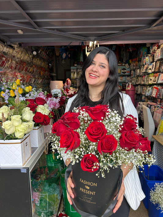 Elegant Fresh Red Roses Box with baby’s breath and floral oasis.
