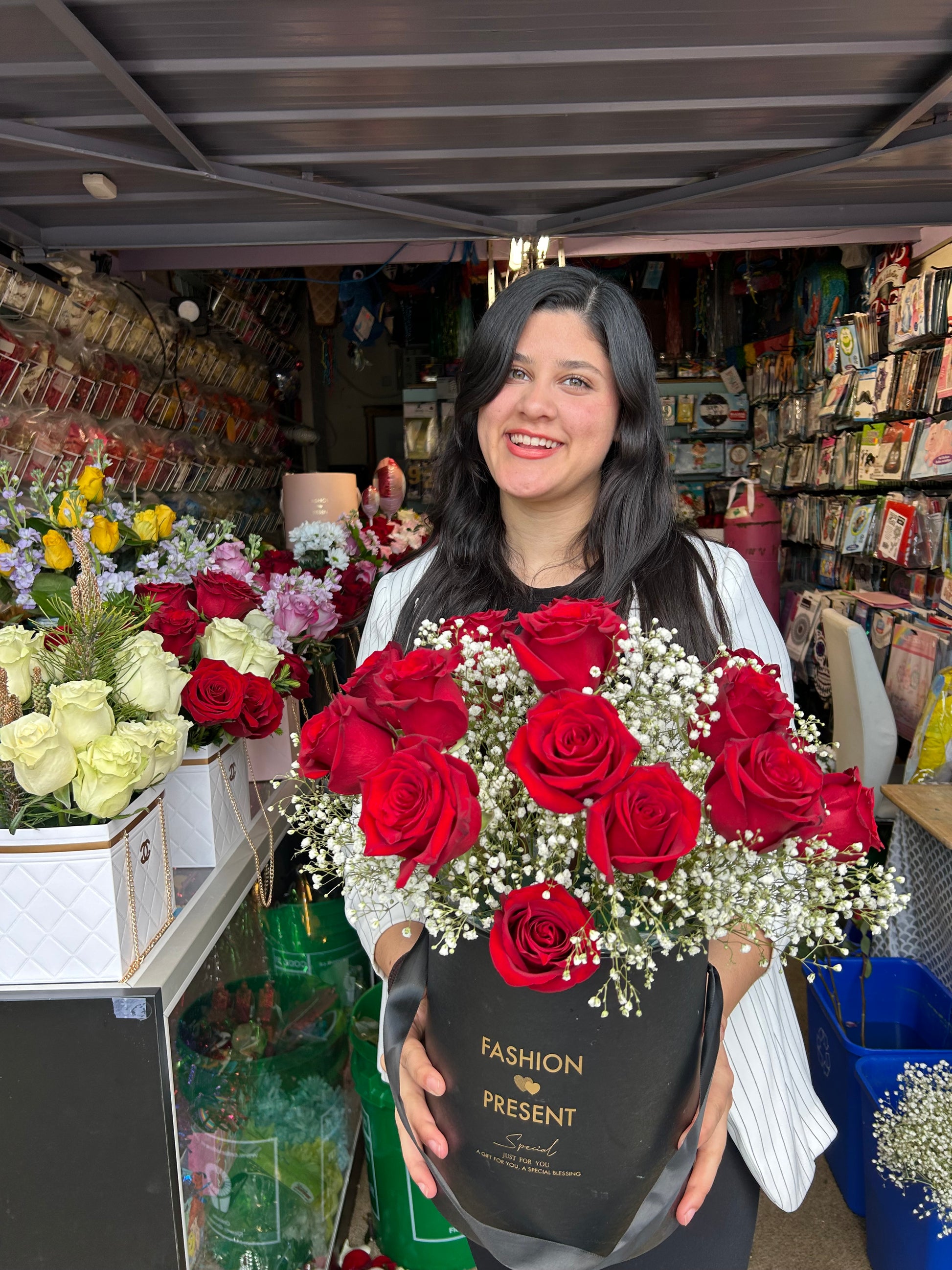 Elegant Fresh Red Roses Box with baby’s breath and floral oasis.
