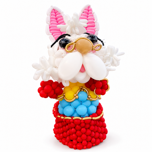 A colorful balloon sculpture of a rabbit wearing pink and white striped bunny ears, black sunglasses with gold frames, a yellow shirt, and a red-and-blue outfit, set against a plain white background.