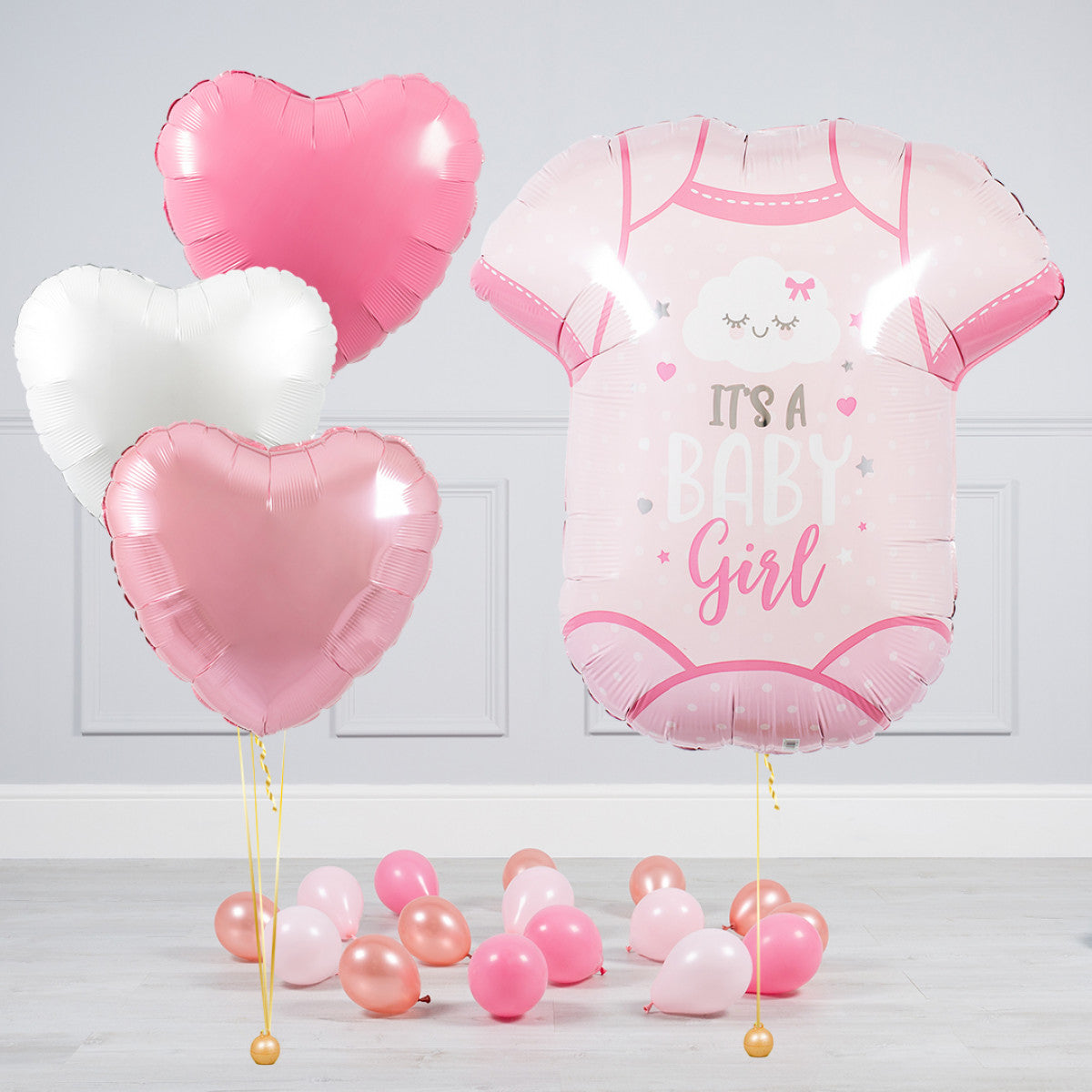 Baby Inflated Balloon Package featuring heart balloons and a baby suit supershape balloon, perfect for celebrations.
