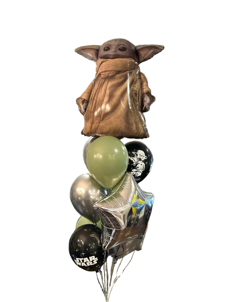 Star Wars-themed Baby Yoda Balloon Bouquet with a Grogu (Baby Yoda) balloon, featuring silver, black, and green balloons for a fun celebration.