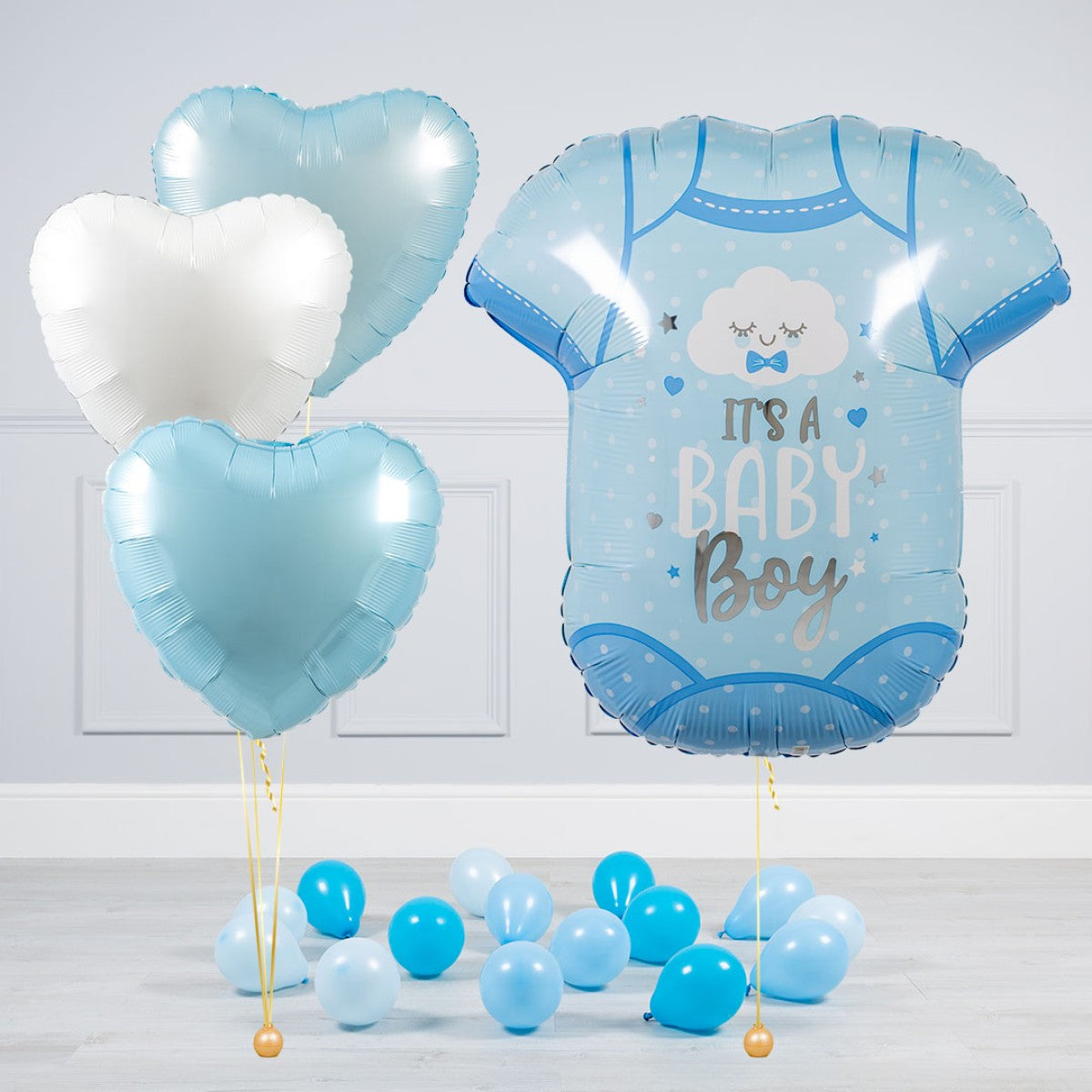 Baby Inflated Balloon Package featuring heart balloons and a baby suit supershape balloon, perfect for celebrations.