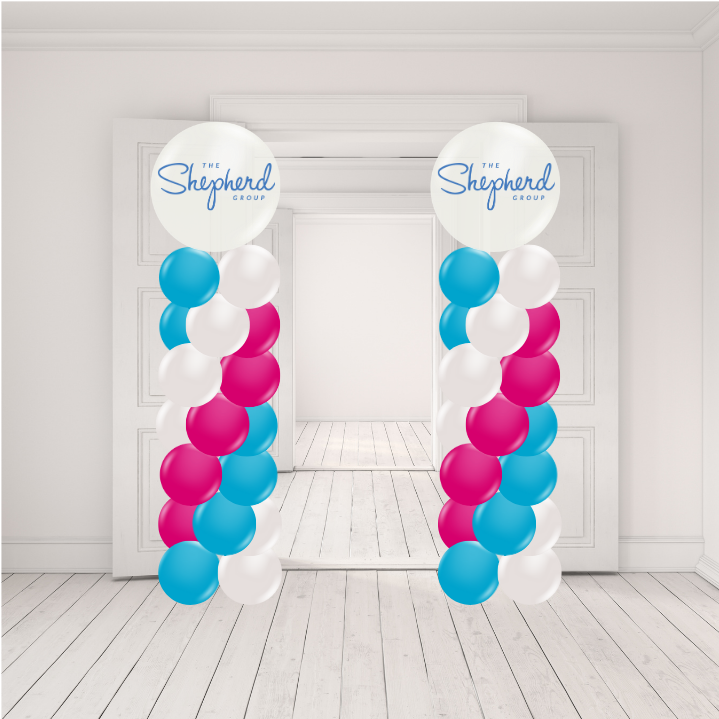 Customizable corporate balloon columns in branded colors with a company logo for professional event decor.