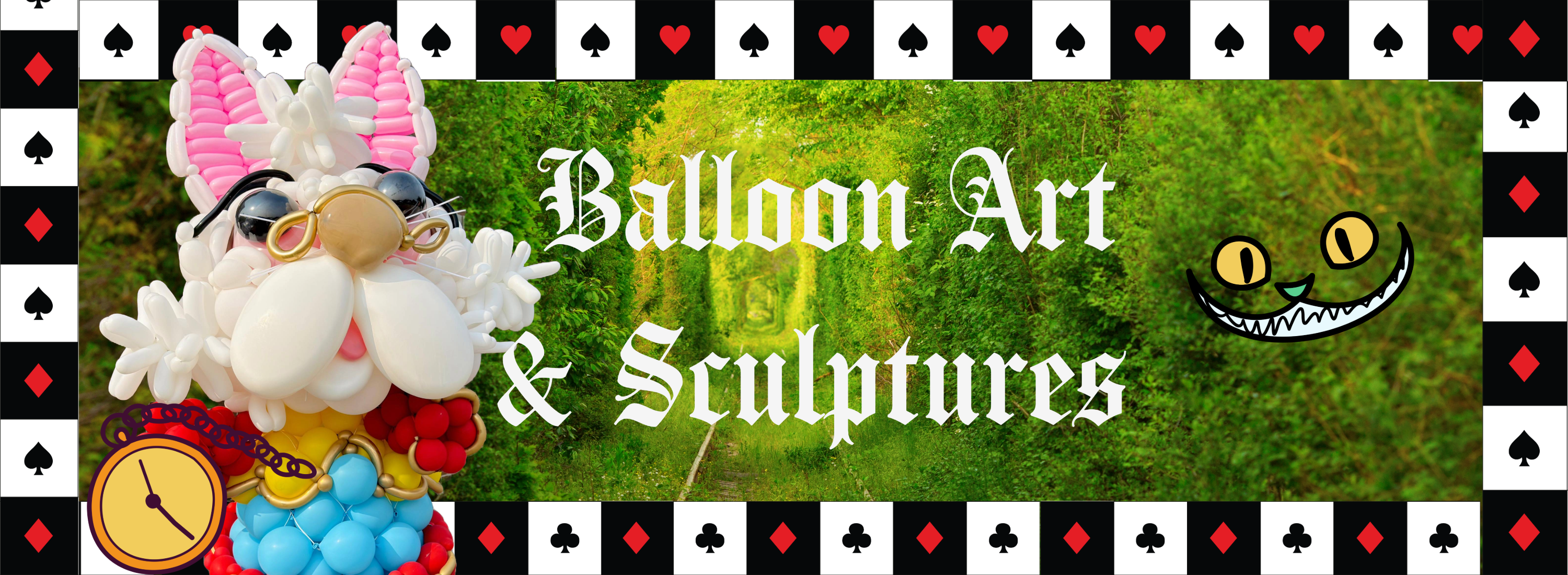 Balloon art and sculptures banner with cartoon character and cat illustration.