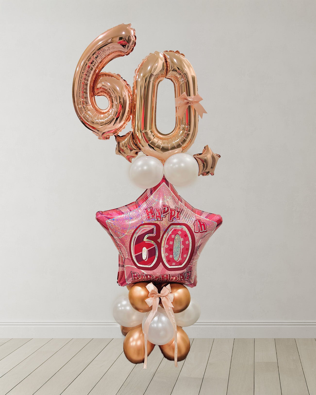 Age Birthday Balloon Gift Toronto – elegant rose gold and white 60th birthday balloon arrangement by Wooow Balloons