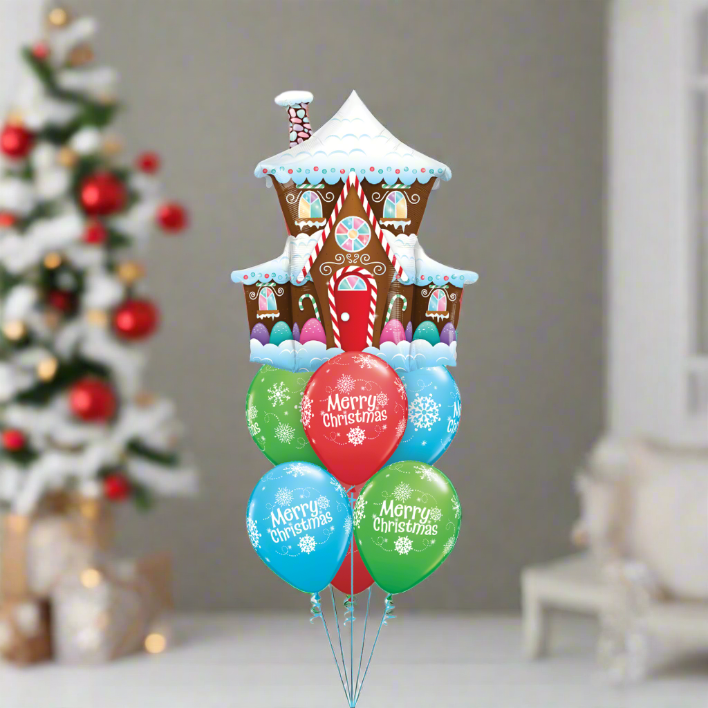 Gingerbread House Bouquet – Festive balloon arrangement with a gingerbread house super shape and latex balloons