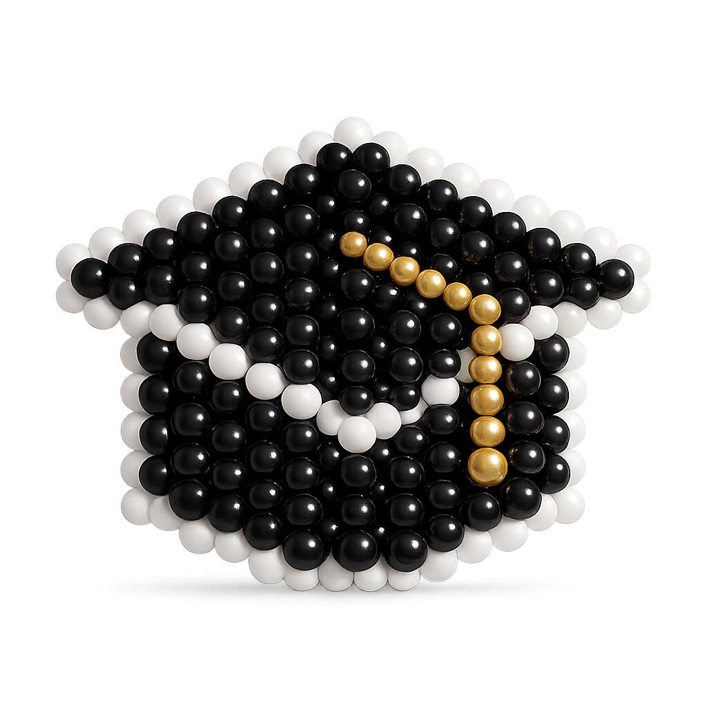 A decorative balloon sculpture shaped like a graduation cap, made from black and white balloons with a vertical gold-tipped stripe, isolated on a white background.
