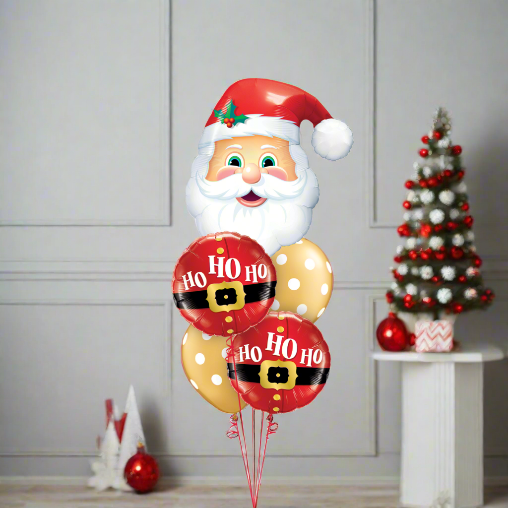 HOHOHO Balloon Bouquet with Santa’s Supershape and Foil Balloons for Holiday Celebrations.