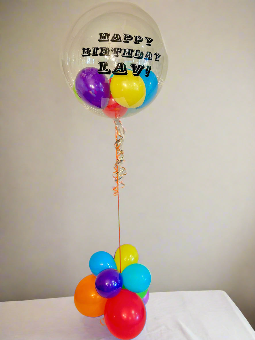 Hi Five Bubble Centrepiece with clear bubble balloon, mini balloons or confetti, and a custom message.