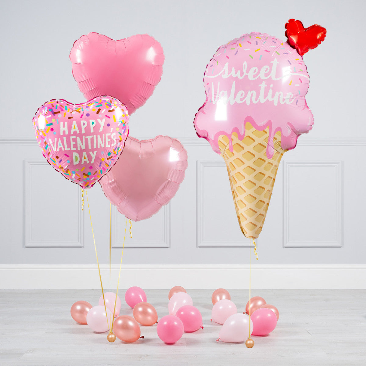 Sweet Pink Ice Cream Valentine’s Day balloon package with heart-shaped accents.
