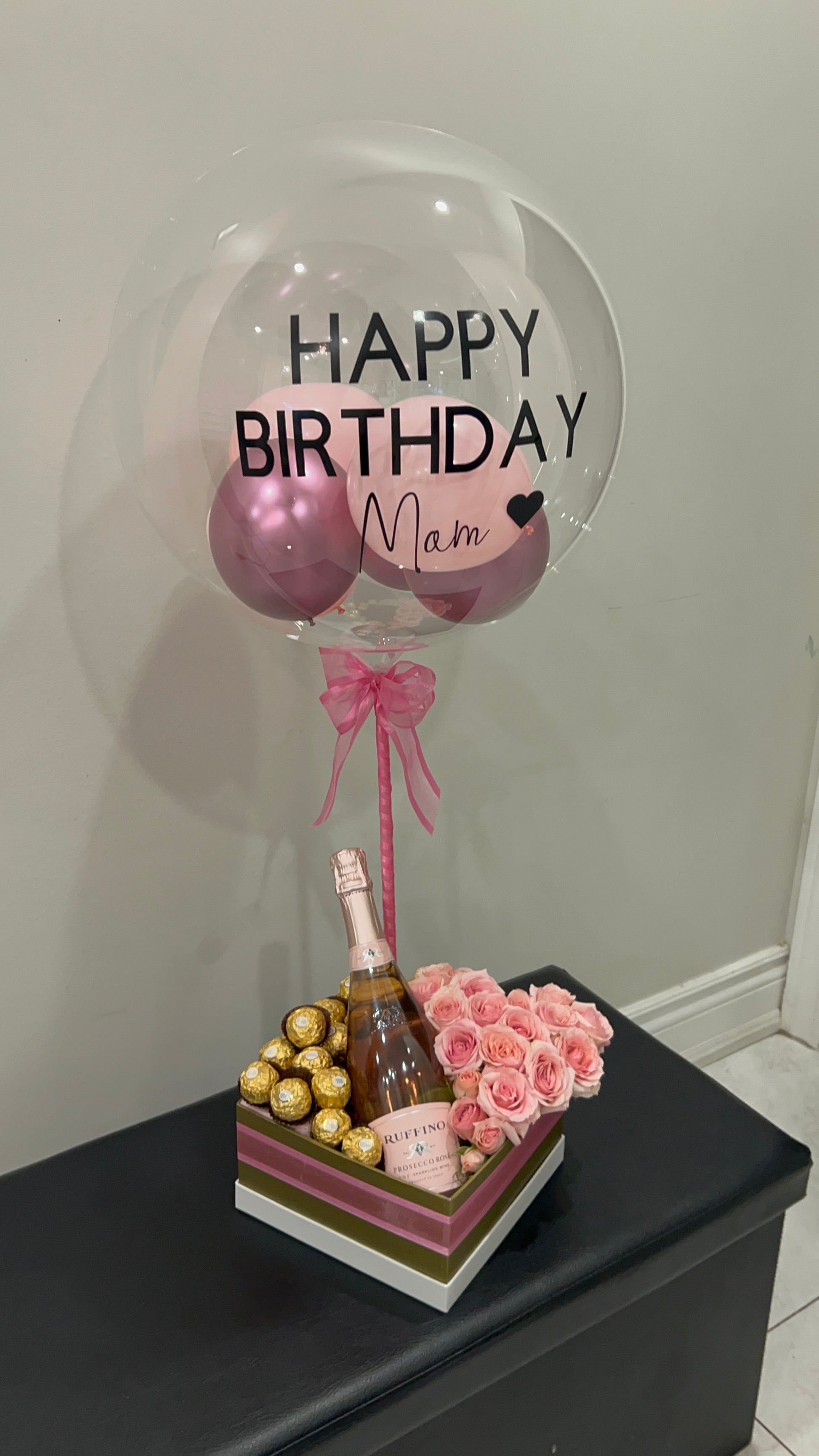 Luxury Bobo Balloon Gift Box with custom balloon, roses, wine, and Ferrero chocolates, perfect for special celebrations.