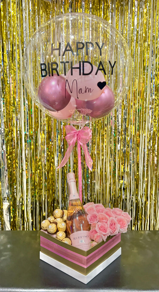 Luxury Bobo Balloon Gift Box with custom balloon, roses, wine, and Ferrero chocolates, perfect for special celebrations.