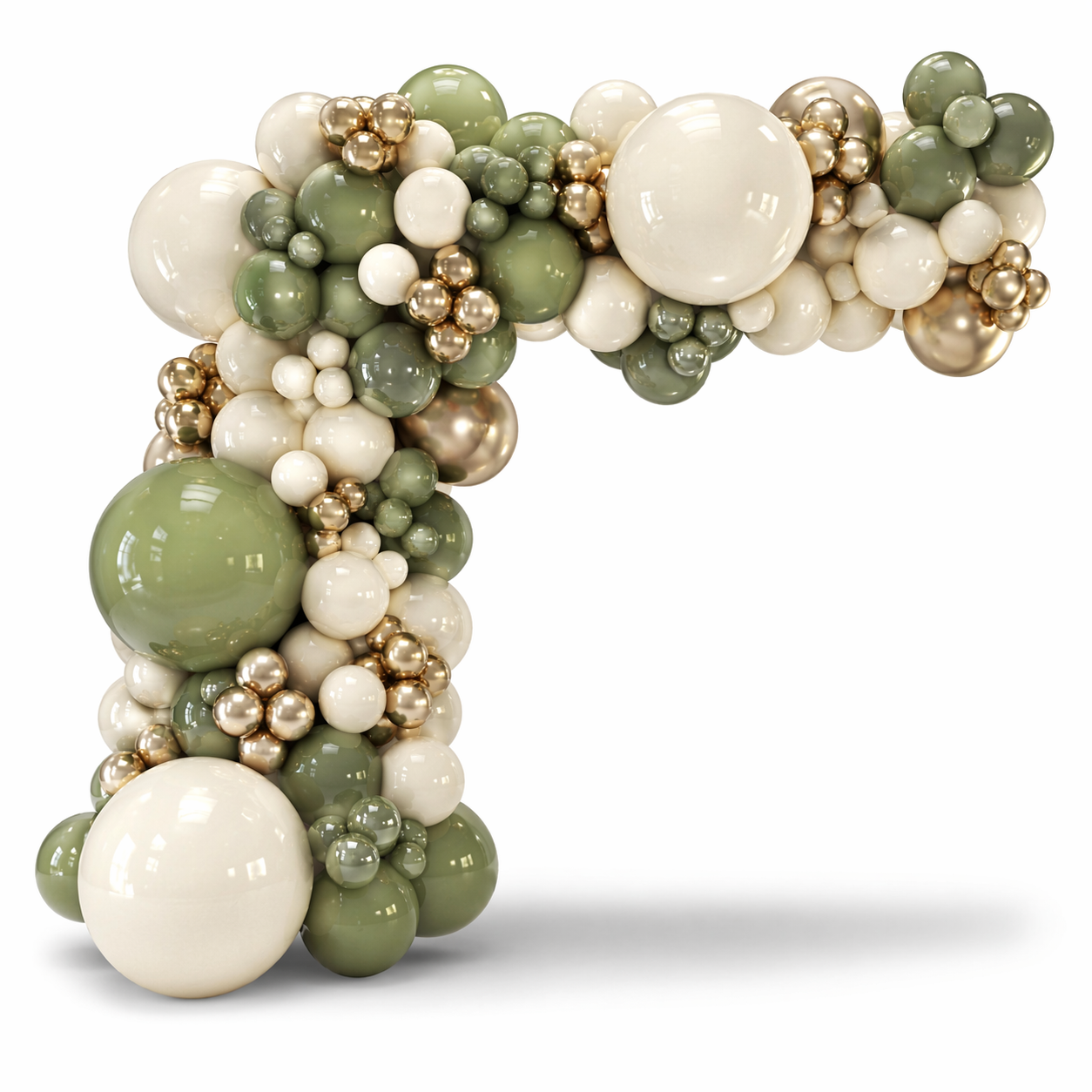 Elegant sage green, ivory and champagne gold balloon garland with organic clusters in a premium studio setup on white background, perfect for luxury events in Toronto
