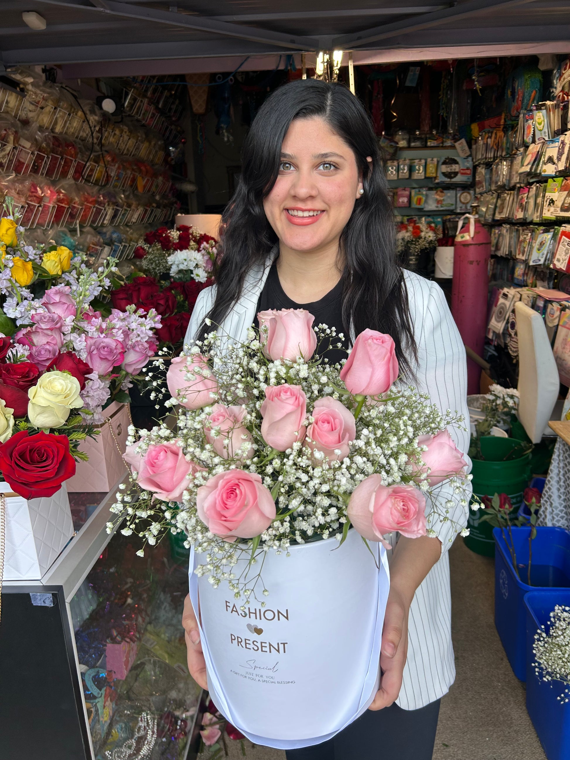 Luxury soft pink roses box arrangement for special occasions with wet oasis for freshness.