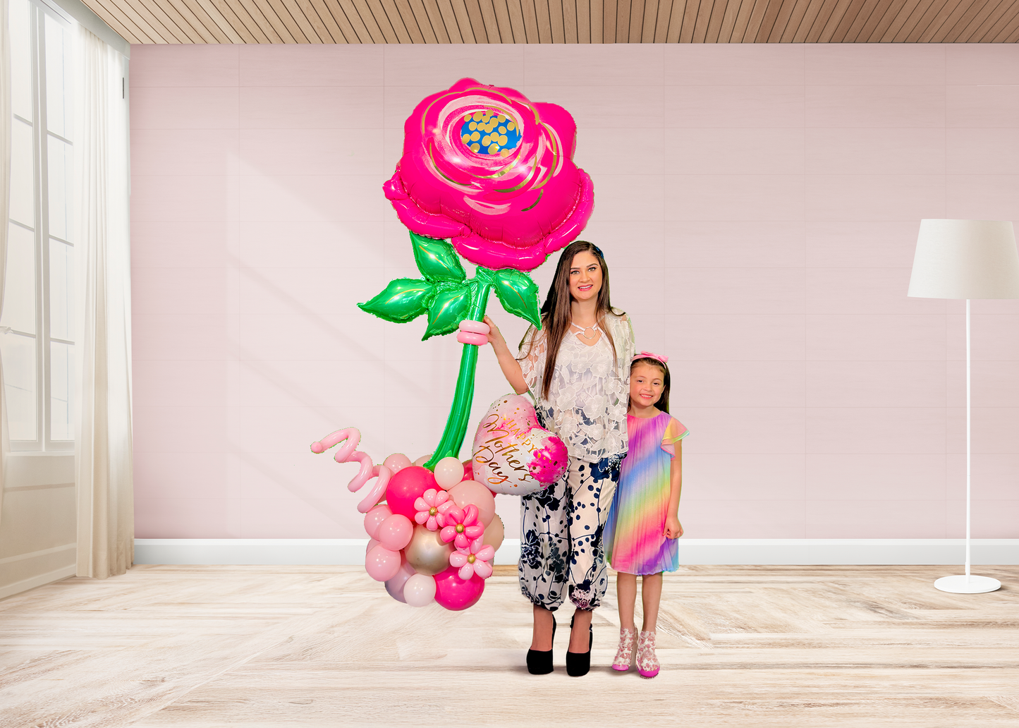 Giant pink flower balloon stand with heart balloon and latex balloons, helium-filled top and air-filled base