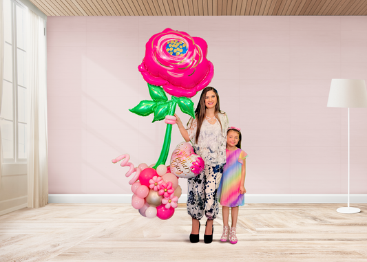 Giant pink flower balloon stand with heart balloon and latex balloons, helium-filled top and air-filled base