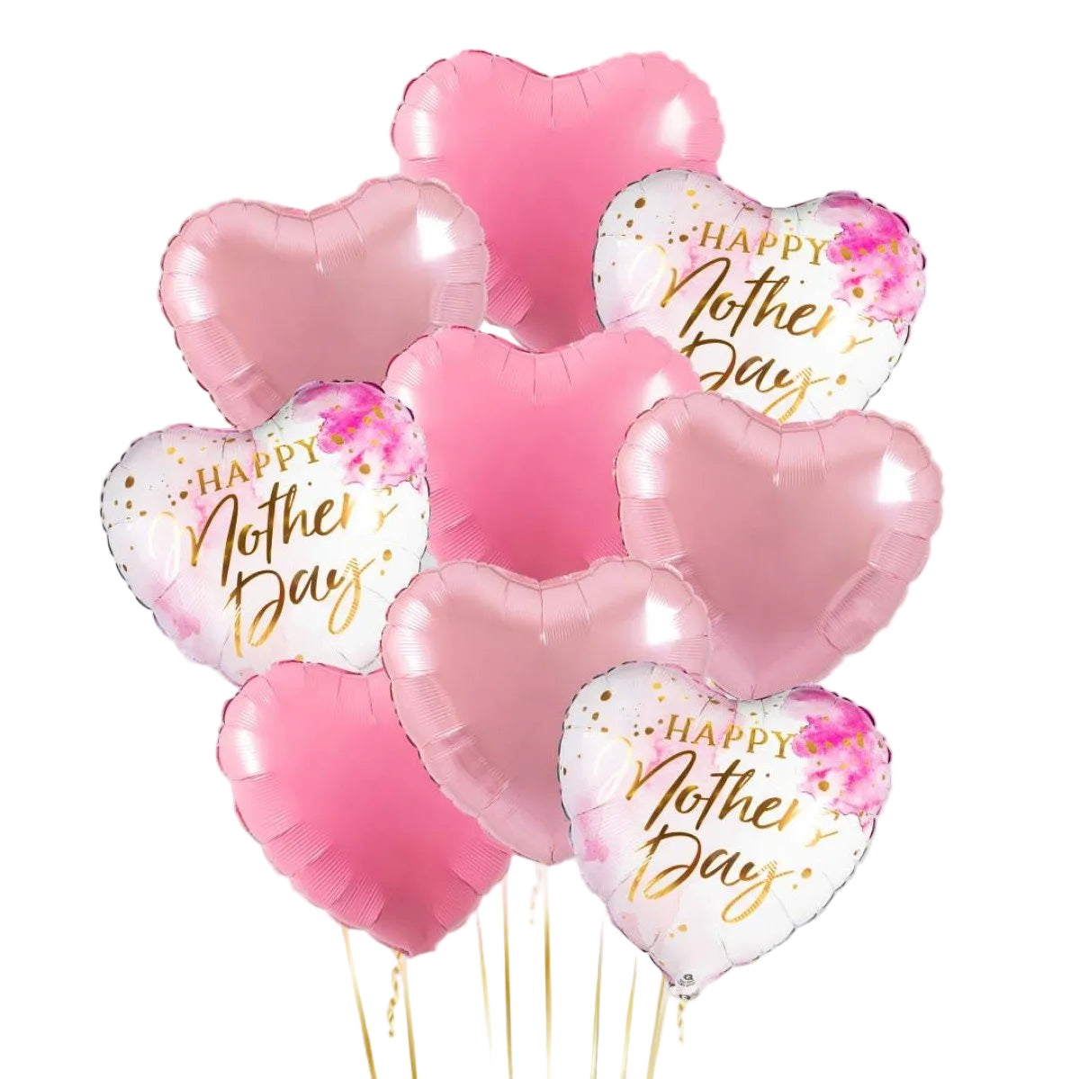 Mother’s Day Hearts Bouquet with 9 helium-filled foil heart balloons.