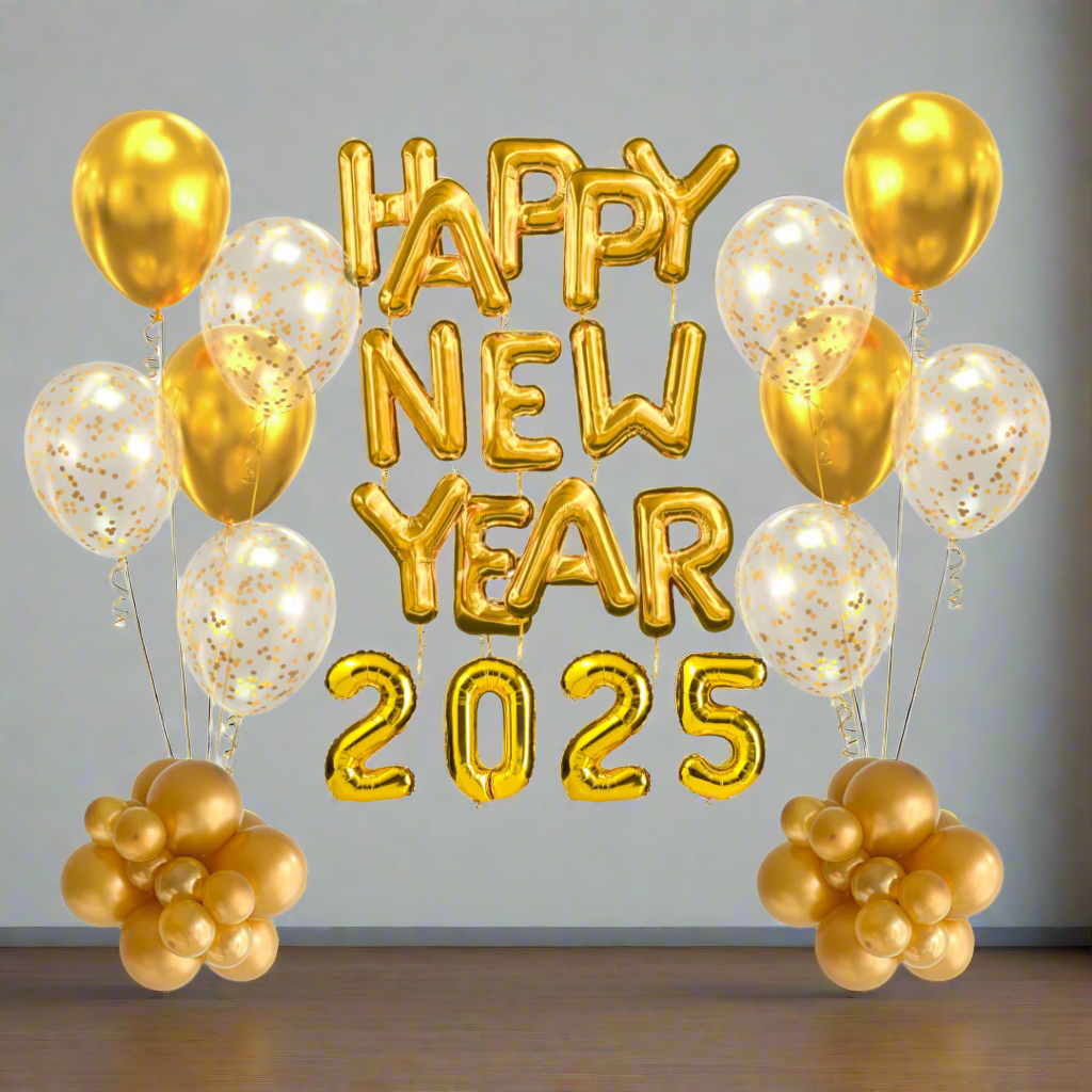New Year's Eve Balloon Bundle with "Happy New Year" foil balloons and gold or silver 2026 number balloons.
