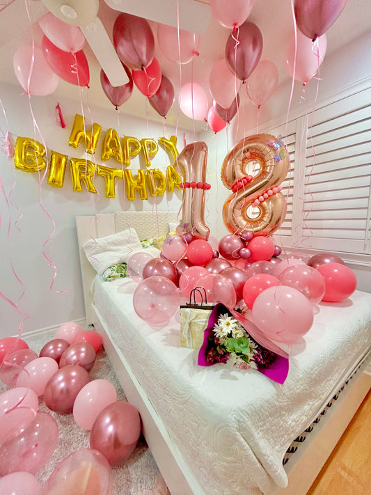 Pink Birthday Room Decor with Helium Balloons and Happy Birthday Banner