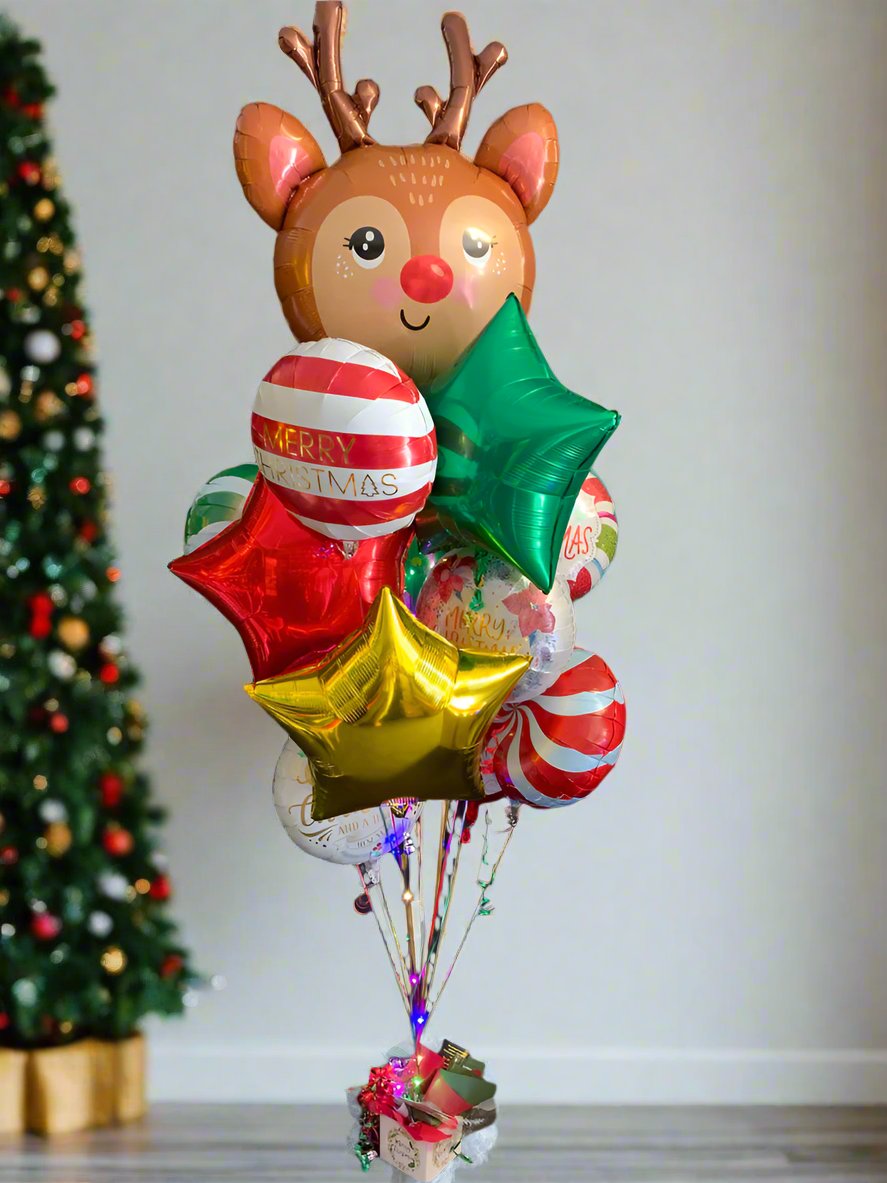 Rudolph’s Festive Balloon Bundle with a giant Rudolph balloon, festive foils, and LED lights in Toronto