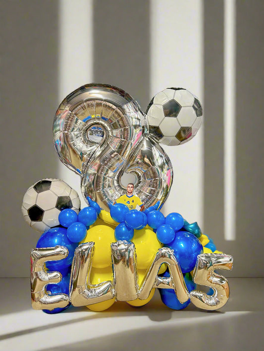 soccer balloon stand for kids party at Toronto including soccer ball balloons.