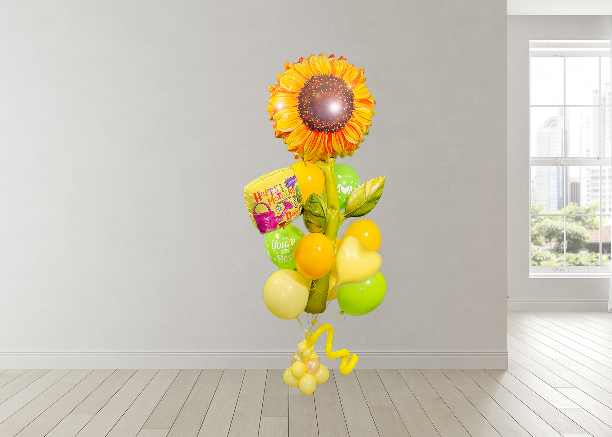 Sunflower Mother’s Day Balloon Bouquet with 5ft sunflower, heart balloon, latex balloons and balloon weight, helium-filled
