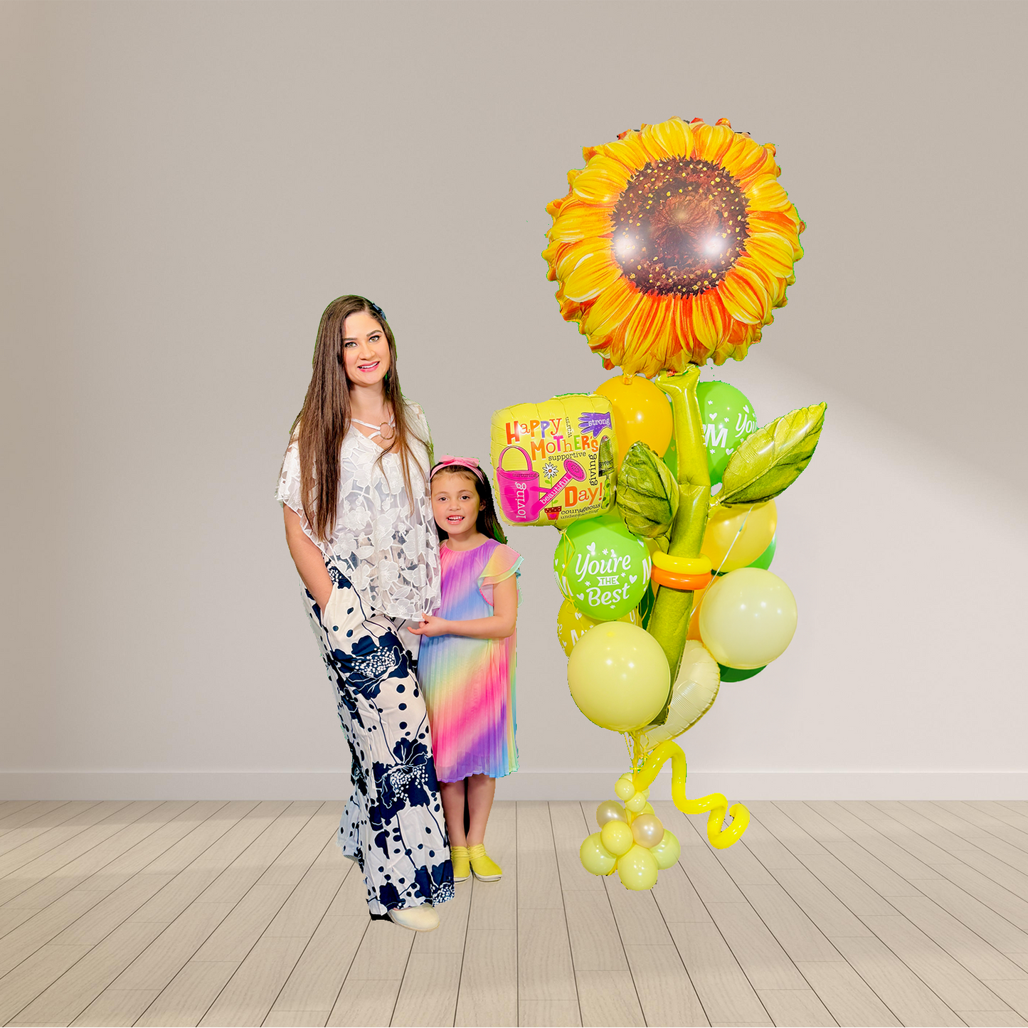 Sunflower Mother’s Day Balloon Bouquet with 5ft sunflower, heart balloon, latex balloons and balloon weight, helium-filled