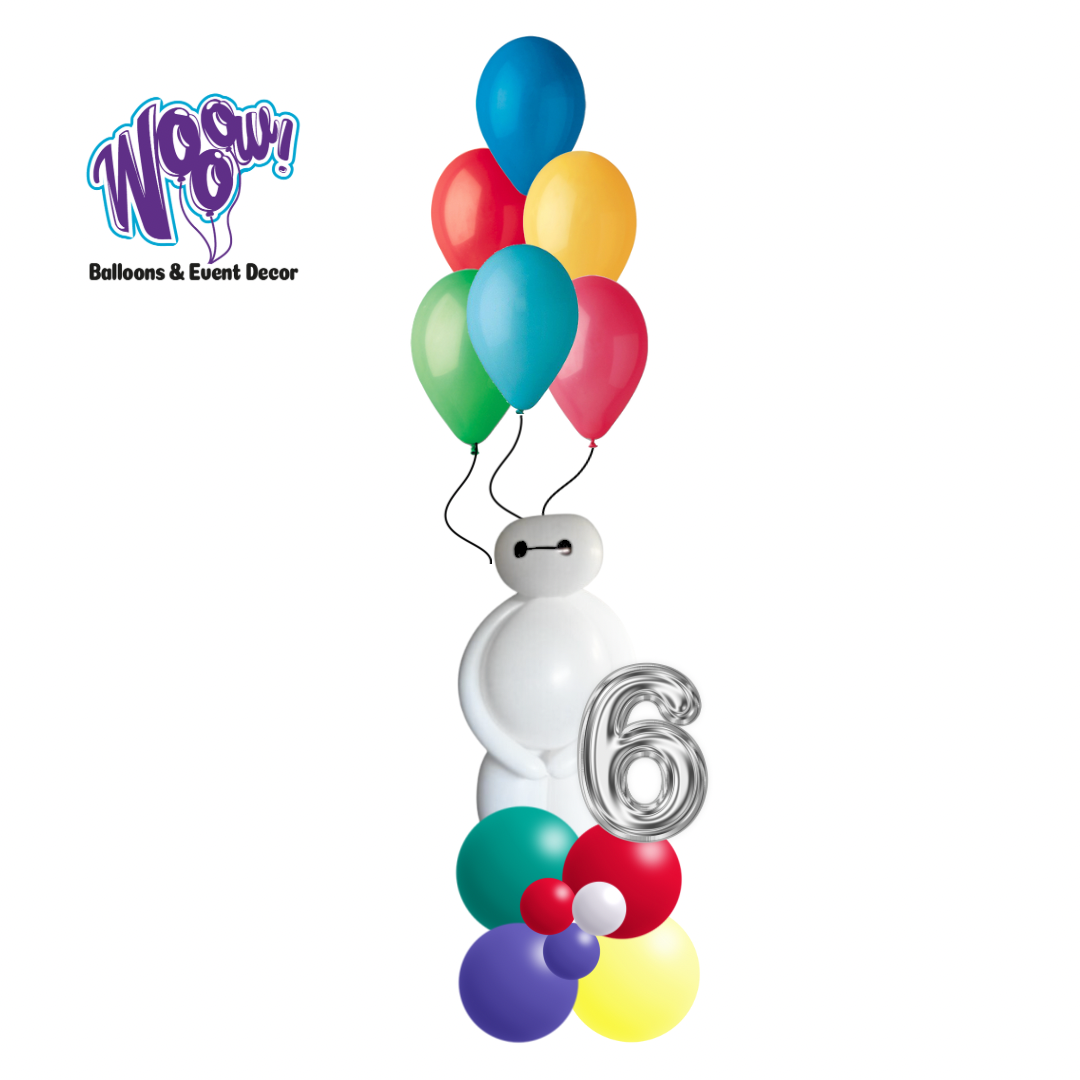 Superhero Balloon Tower with a themed balloon figure, number balloon, and vibrant colors for kids’ birthday celebrations.