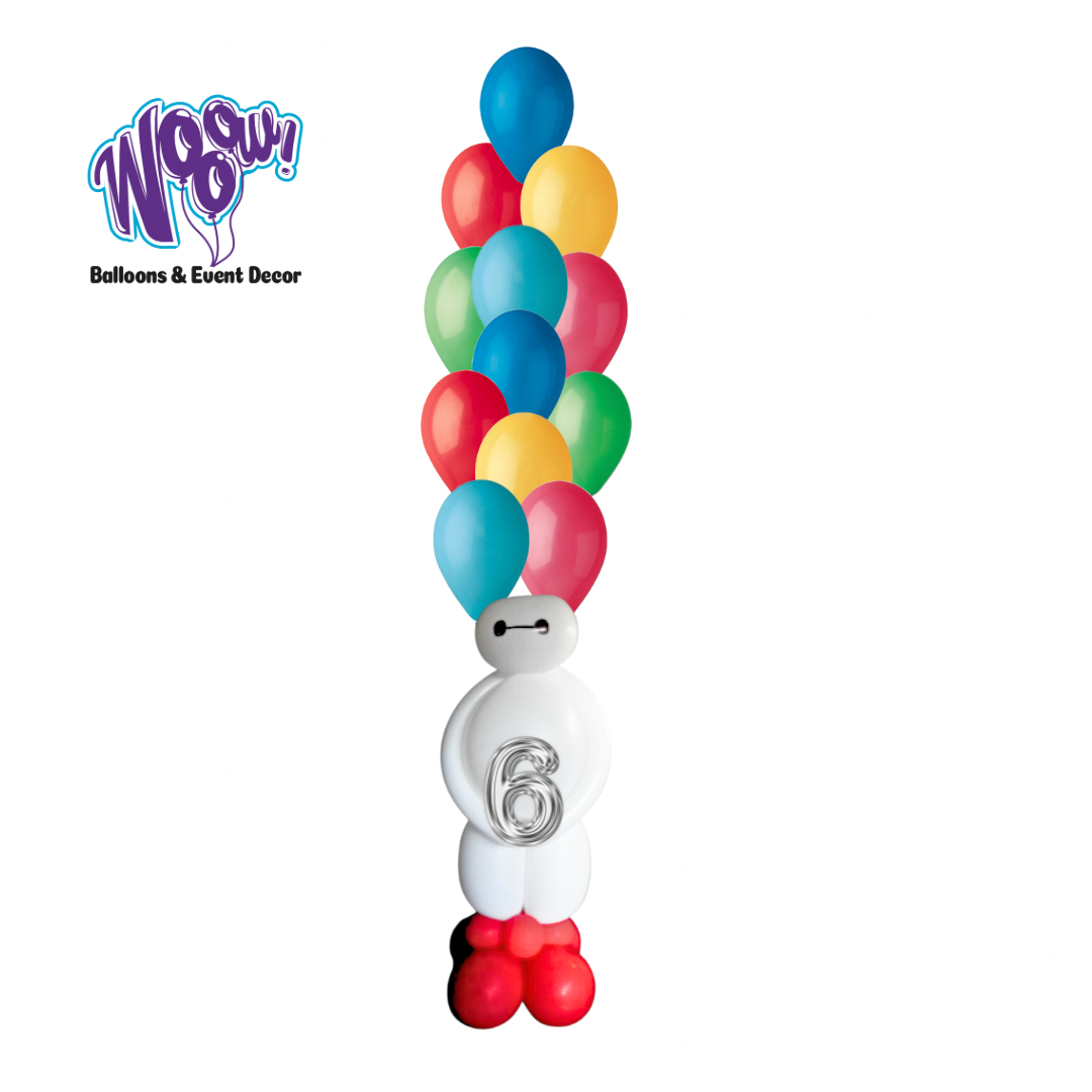 Superhero Balloon Tower with a themed balloon figure, number balloon, and vibrant colors for kids’ birthday celebrations.