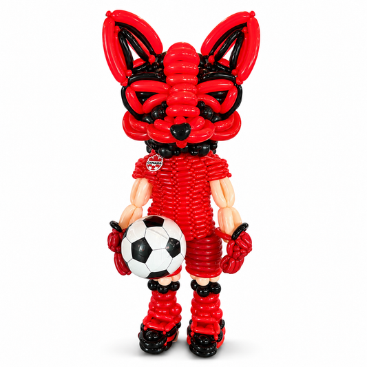 A red and black balloon-art style fox figurine holding a black-and-white soccer ball, photographed against a clean white background.
