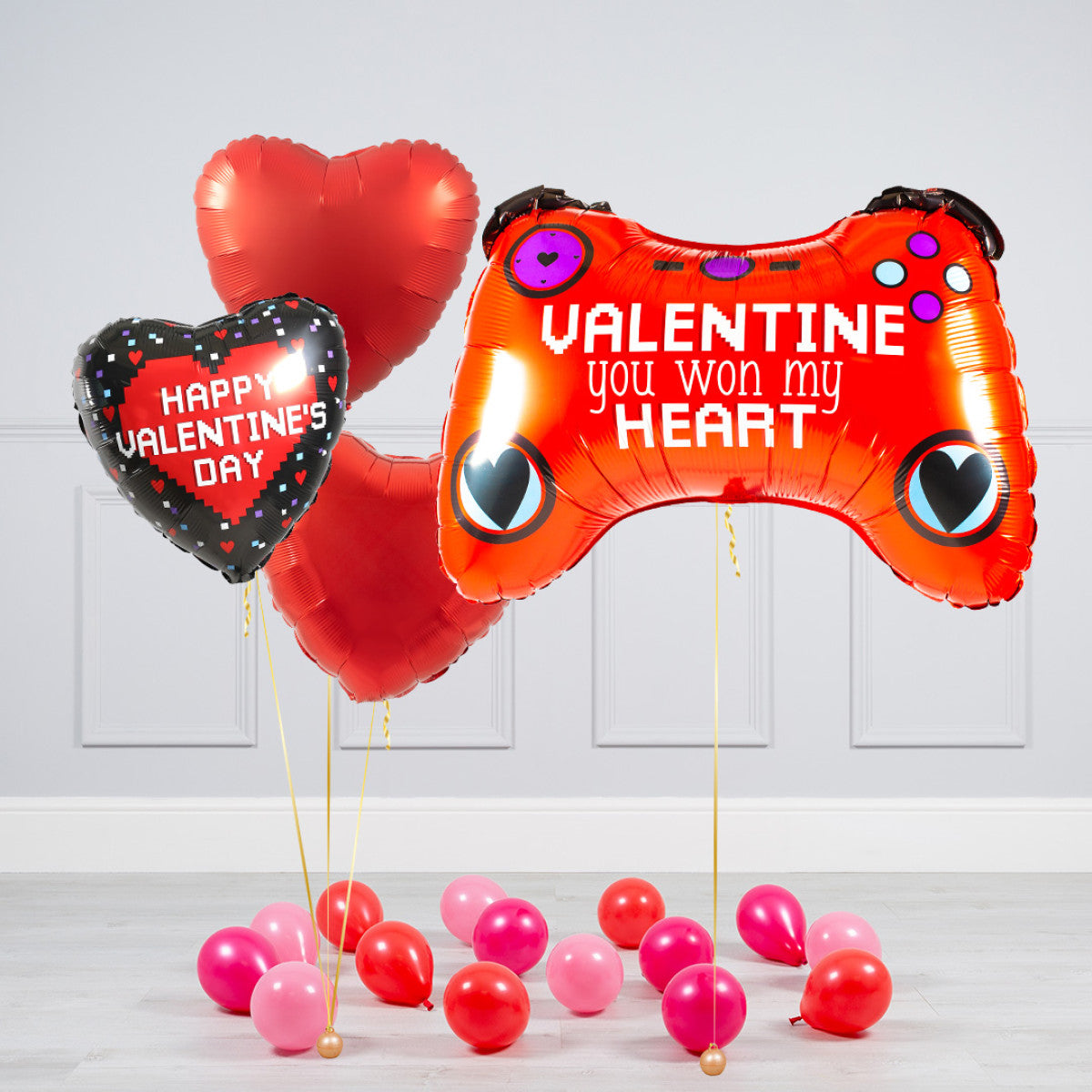 Valentine You Won My Heart Balloon Pack with gamer supershape and heart-shaped balloons.