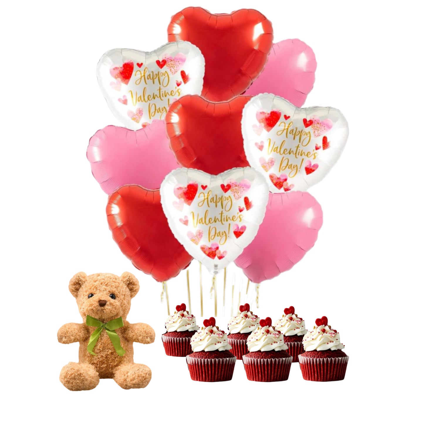 Valentine’s Day Package with red velvet cupcakes, heart balloons, and a teddy bear in Toronto and the GTA.