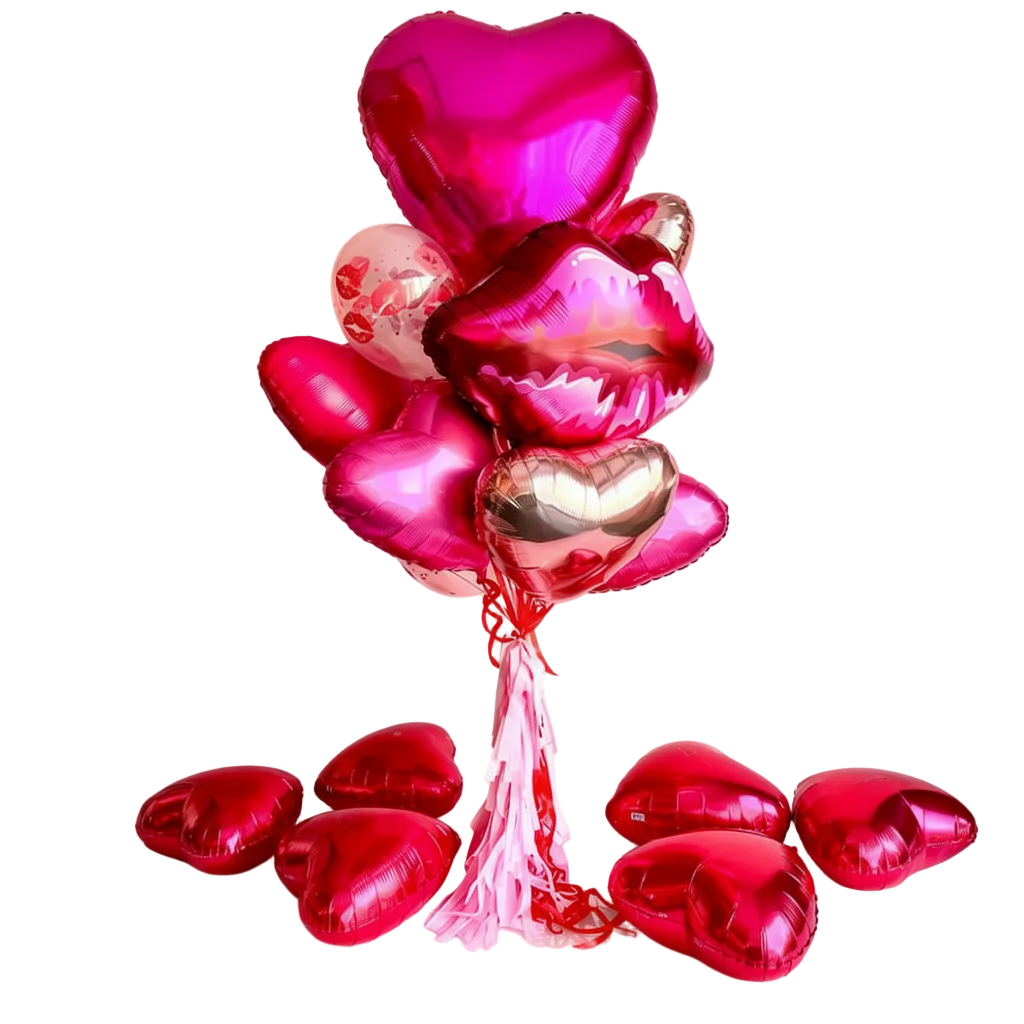 Valentine’s Day kiss balloon bouquet in Toronto with pink and red heart foil balloons and a lips balloon.