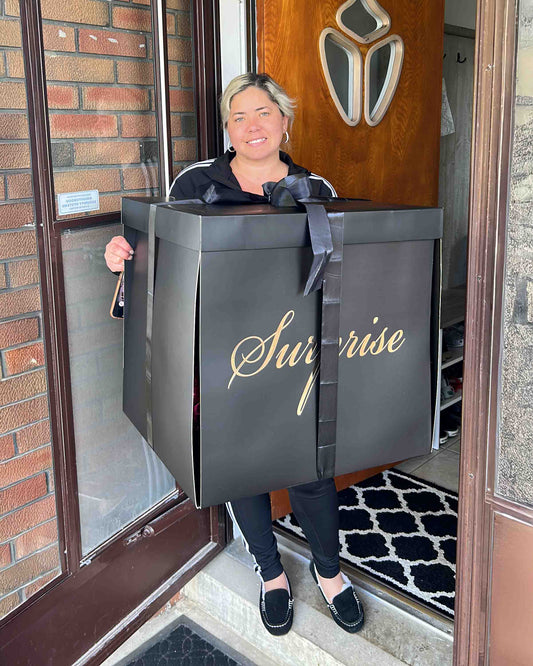 Black surprise balloon gift box delivery in Toronto – luxury birthday surprise box with ribbon by Wooow Balloons