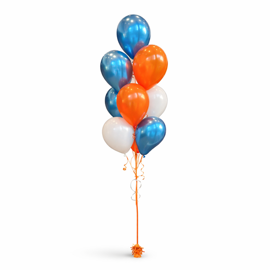 Blue, orange and white helium balloon bouquet with metallic finish and curling ribbons, styled as a luxury event balloon arrangement on a clean white background, Toronto balloon delivery.