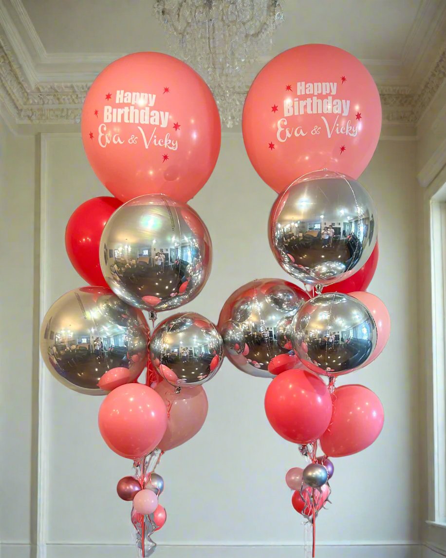 Chrome pink and silver balloon arrangement Toronto – Luxury helium balloon columns for birthdays and celebrations by Wooow Balloons Toronto
