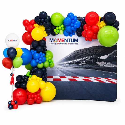 Colorful corporate balloon arch with custom branded backdrop featuring red, blue, green, yellow, and navy organic balloons, professionally styled on a white background for corporate events, trade shows, grand openings, conferences, and brand activations in Toronto by Wooow Balloons.