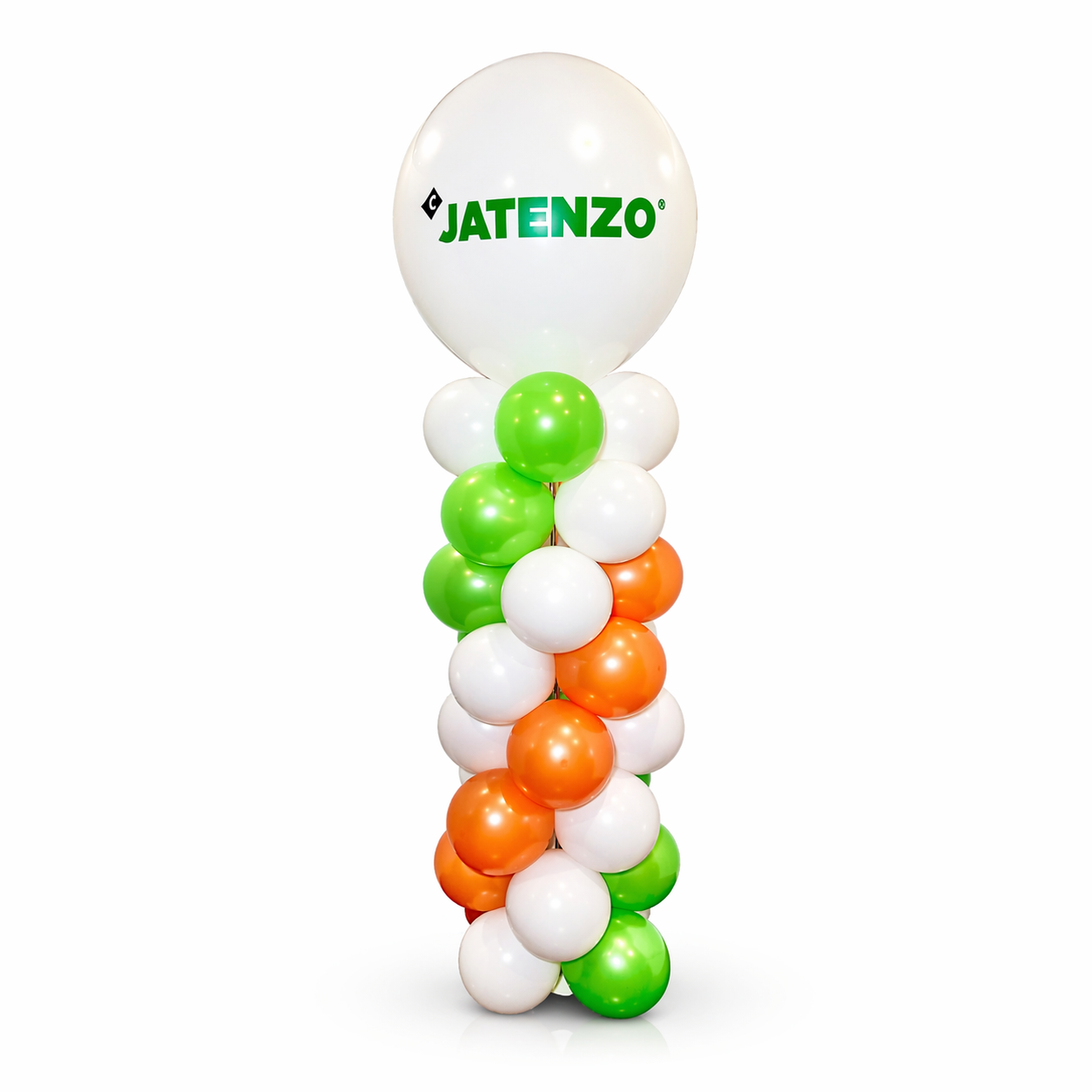 Corporate balloon columns with custom logo branding in white, green, and orange balloons for business events in Toronto by Wooow Balloons.