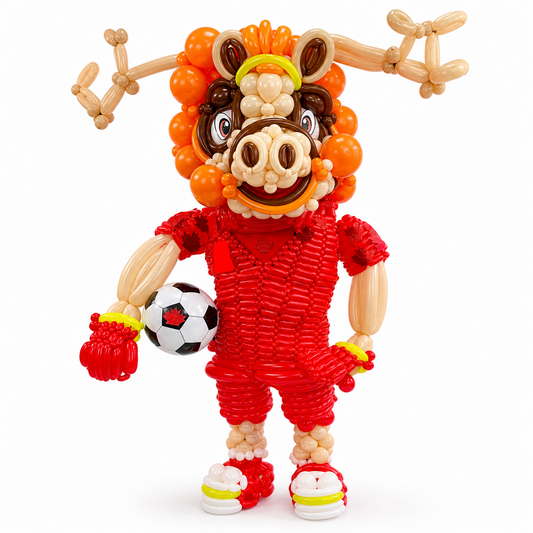 Handcrafted maple moose balloon character with sports inspired details