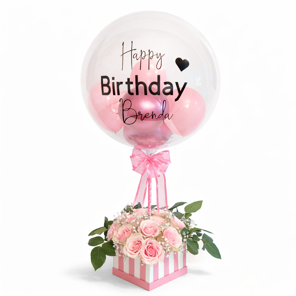 Custom birthday bubble balloon with pink balloons and fresh flower box arrangement Toronto same day delivery