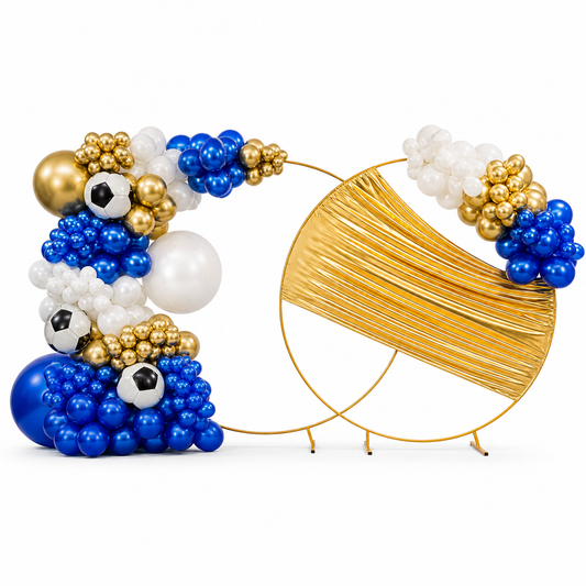 FIFA 2026 Toronto themed balloon backdrop with blue and gold soccer balloon arch, luxury event decor setup for World Cup parties and corporate events in Toronto