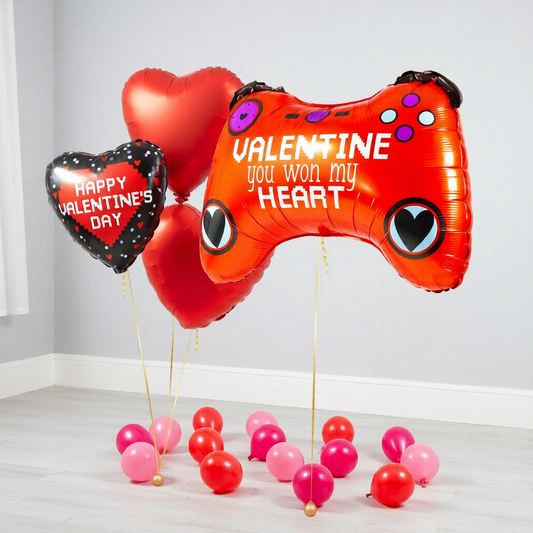 Gamer Valentine’s Day balloons in Toronto with You Won My Heart balloon and red heart helium balloons for a romantic surprise setup