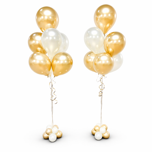 Elegant gold and white helium balloon bouquets with base clusters, luxury event decor for birthdays and corporate events in Toronto