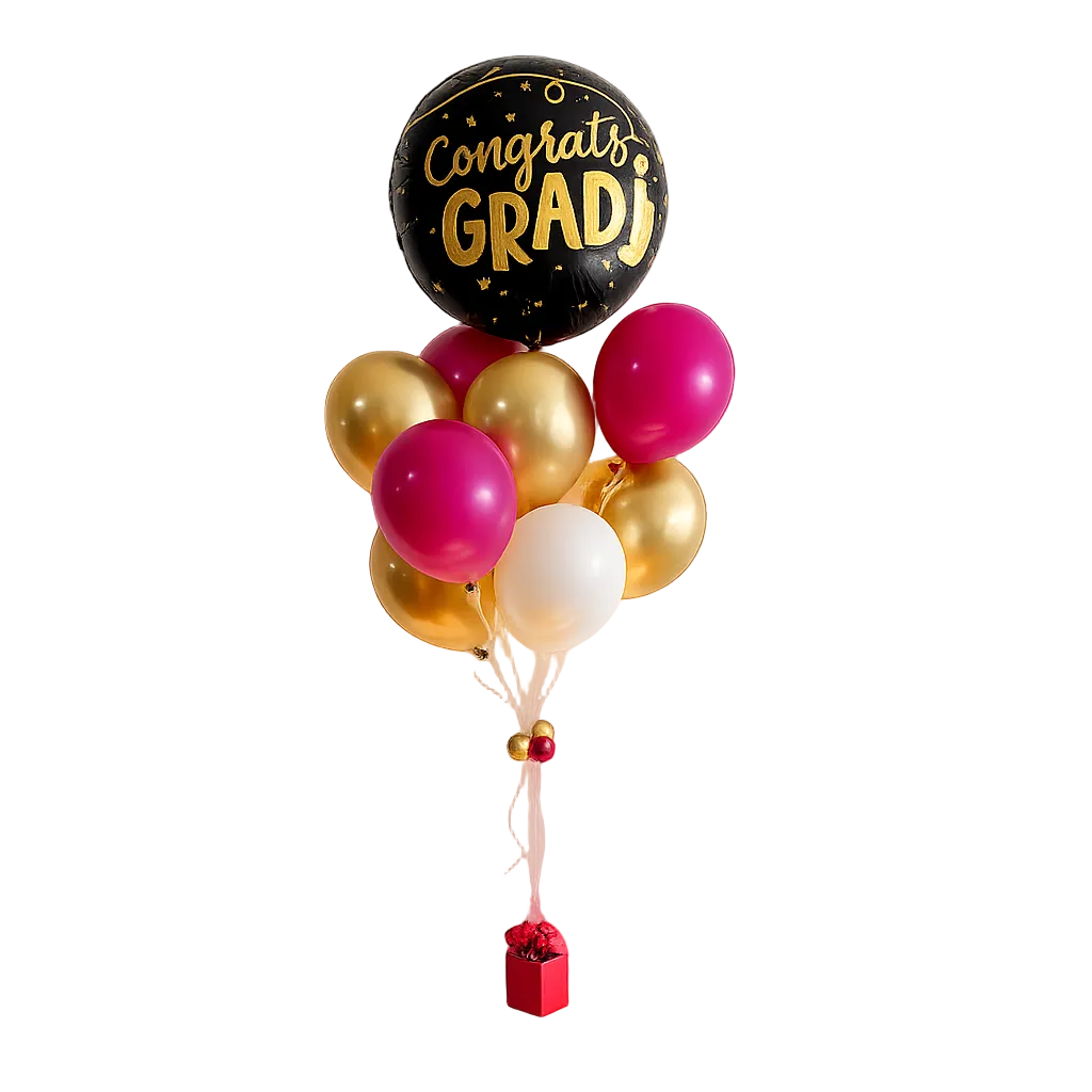 Graduation balloon bouquet delivery featuring black graduation foil balloon with gold white and fuchsia helium balloons