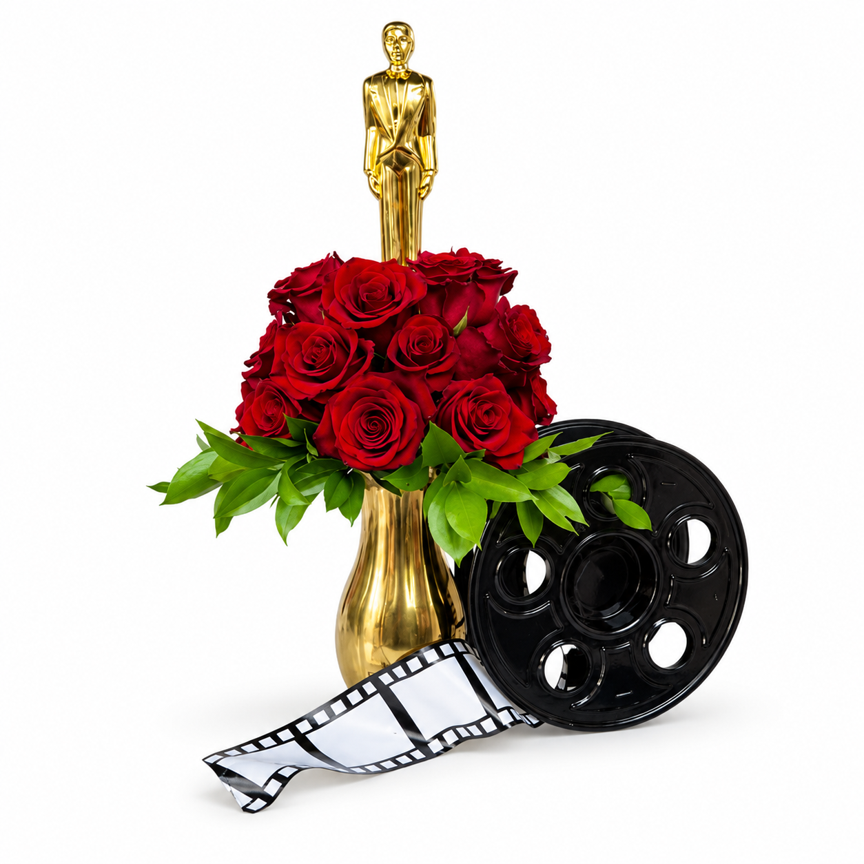 Hollywood theme centerpiece with red roses gold award statue film reel and movie strip in Toronto