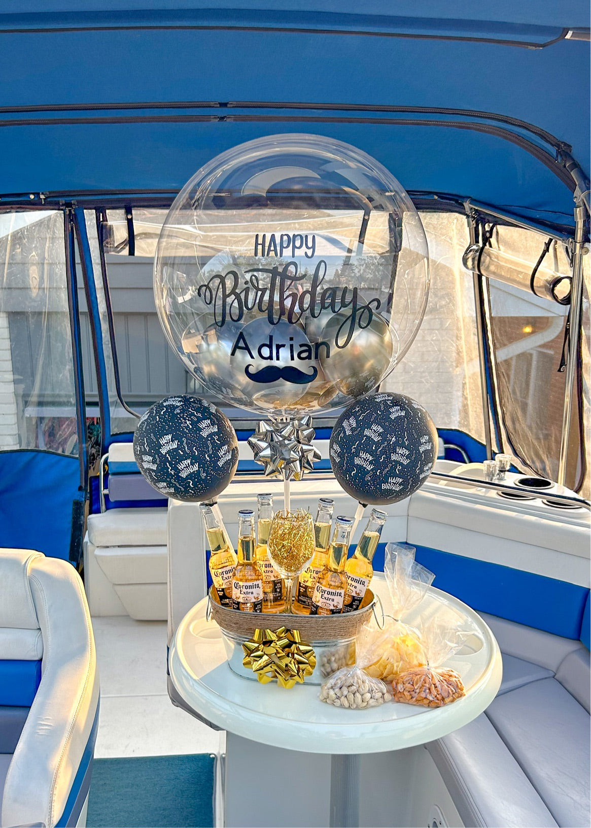 Custom Beer Gift Box with six Coronitas and a personalized clear bobo balloon.