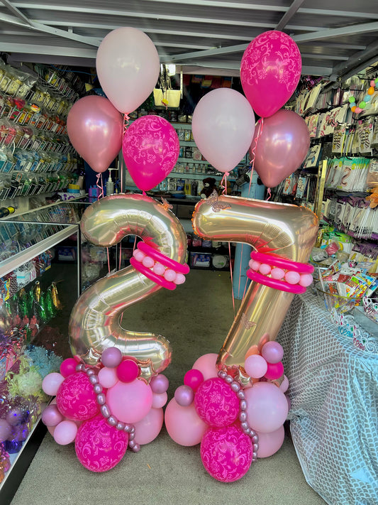 Balloon numbers stand with helium-filled balloons, decorated with vibrant colors for events