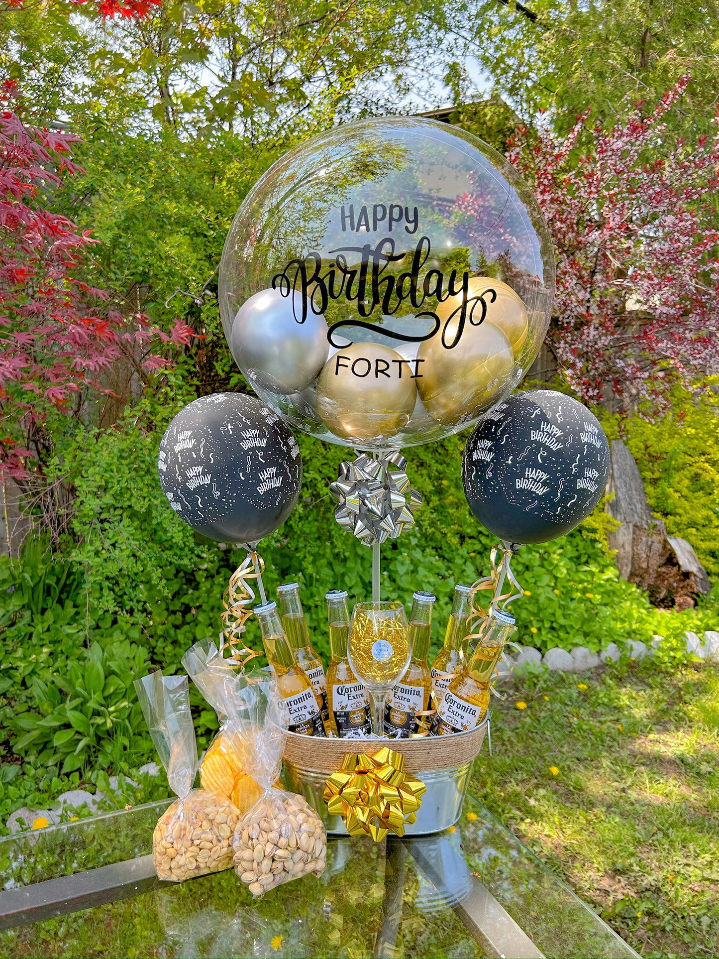 Custom Beer Gift Box with six Coronitas and a personalized clear bobo balloon.